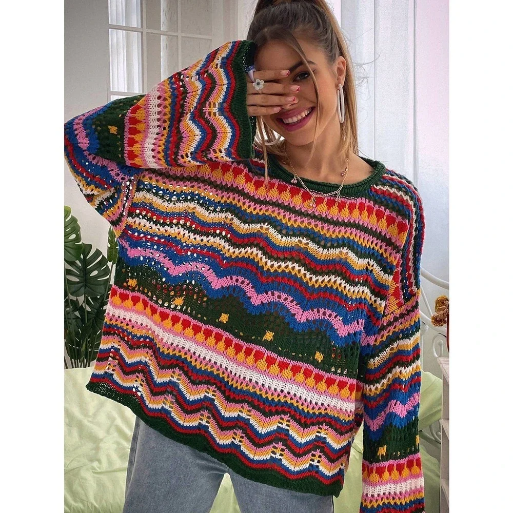 Chevron Pattern Open Knit rainbow stripe Drop Shoulder Sweater 70s style crochet - Picture 1 of 7